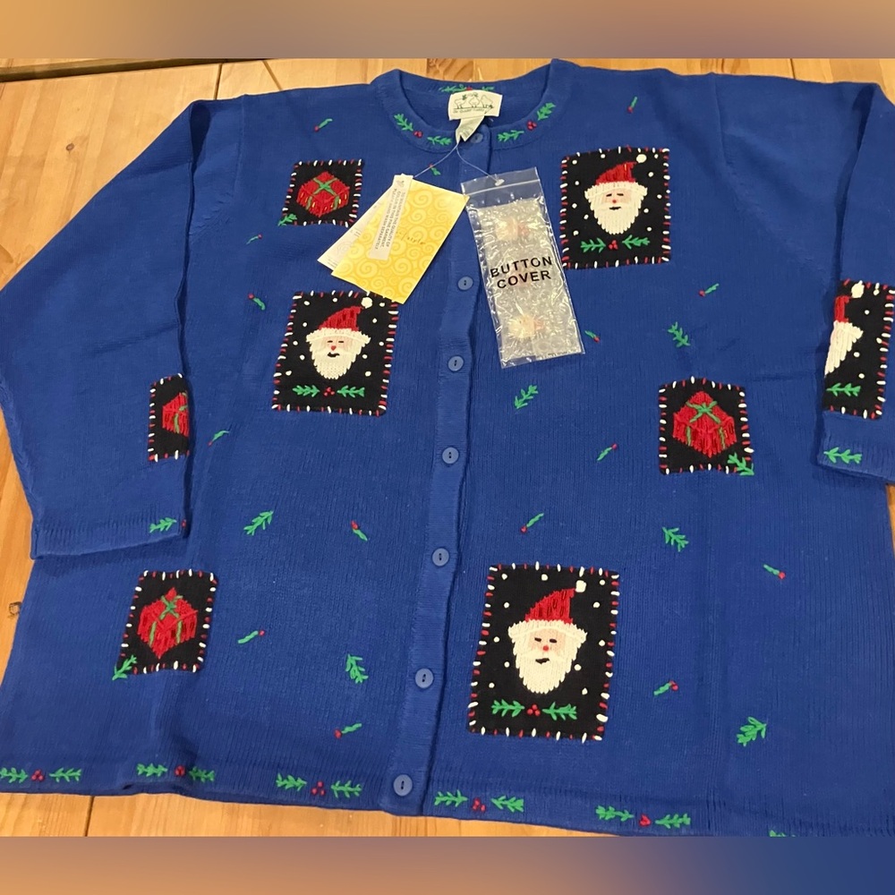 NWT Quacker Factory Blue Cardigan with Santa and Gift Patterns Size 2X